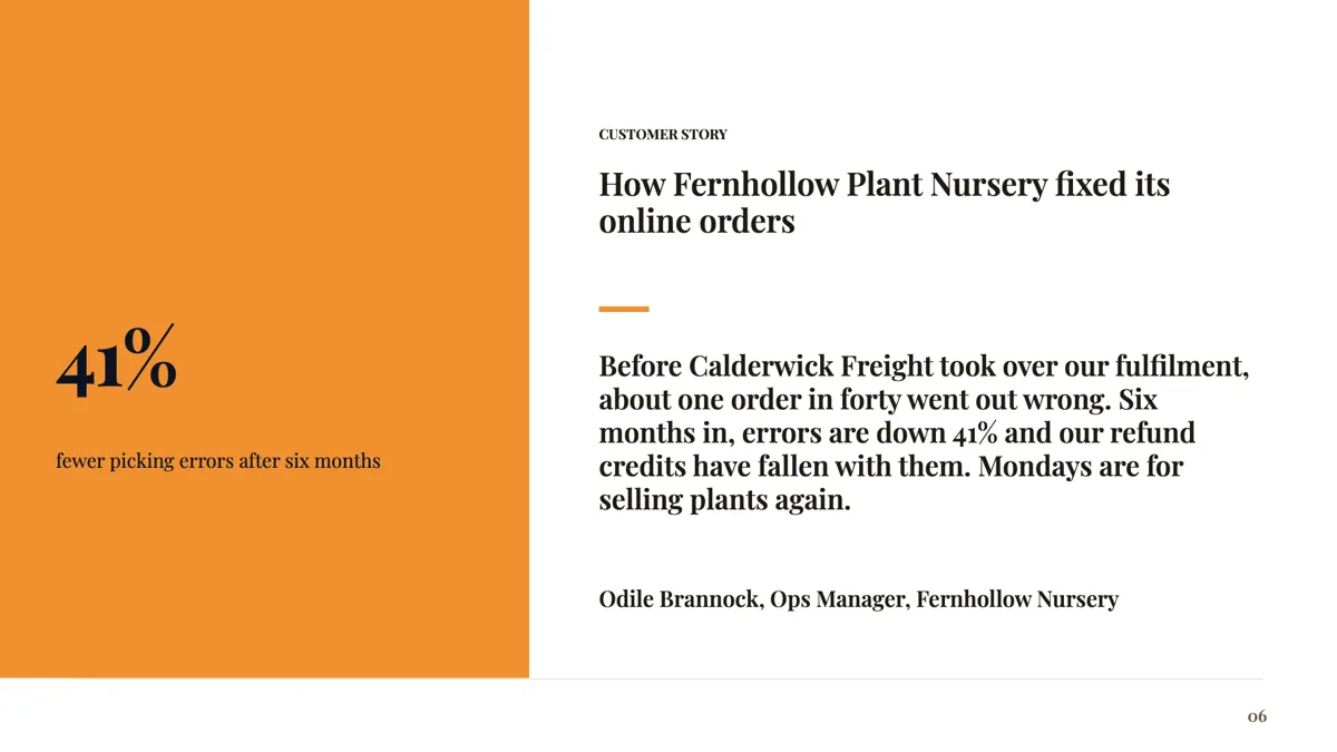 Testimonial with metric slide: one number beside one voice example