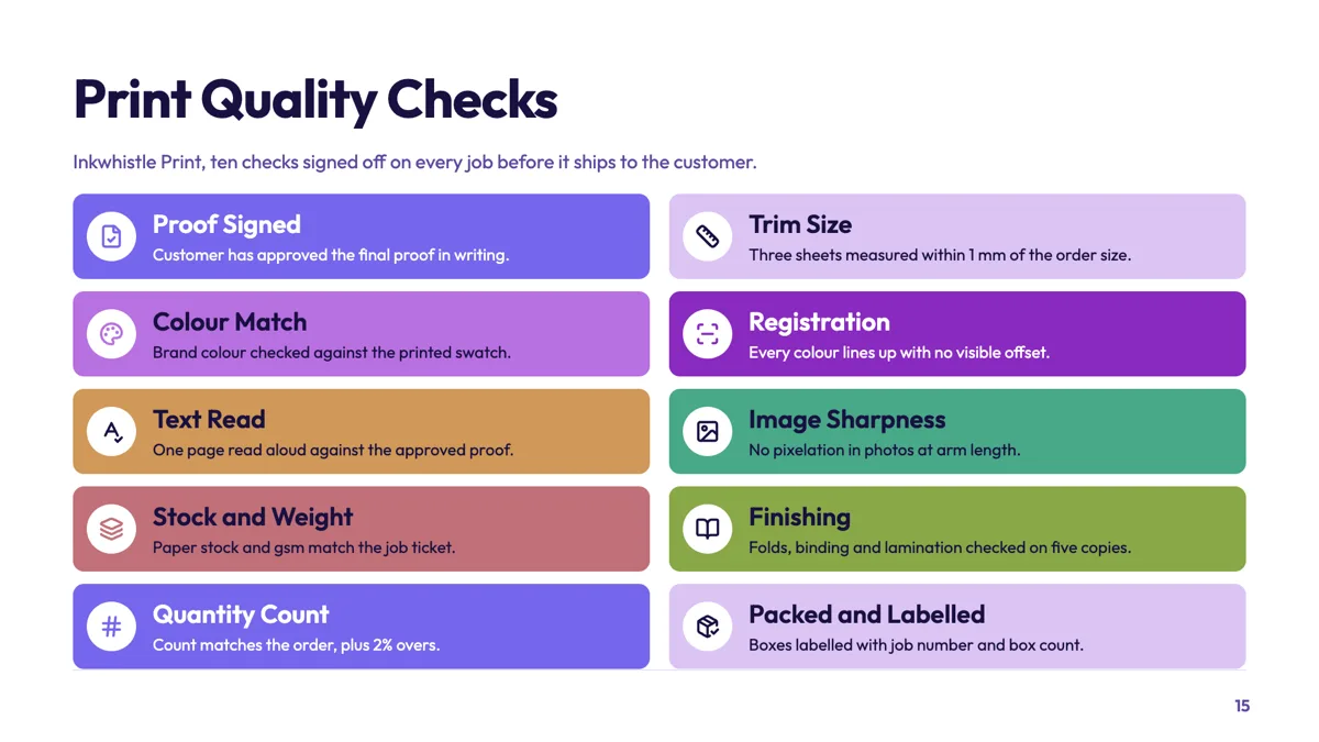 Quality checklist slide with ten checks before a job ships example