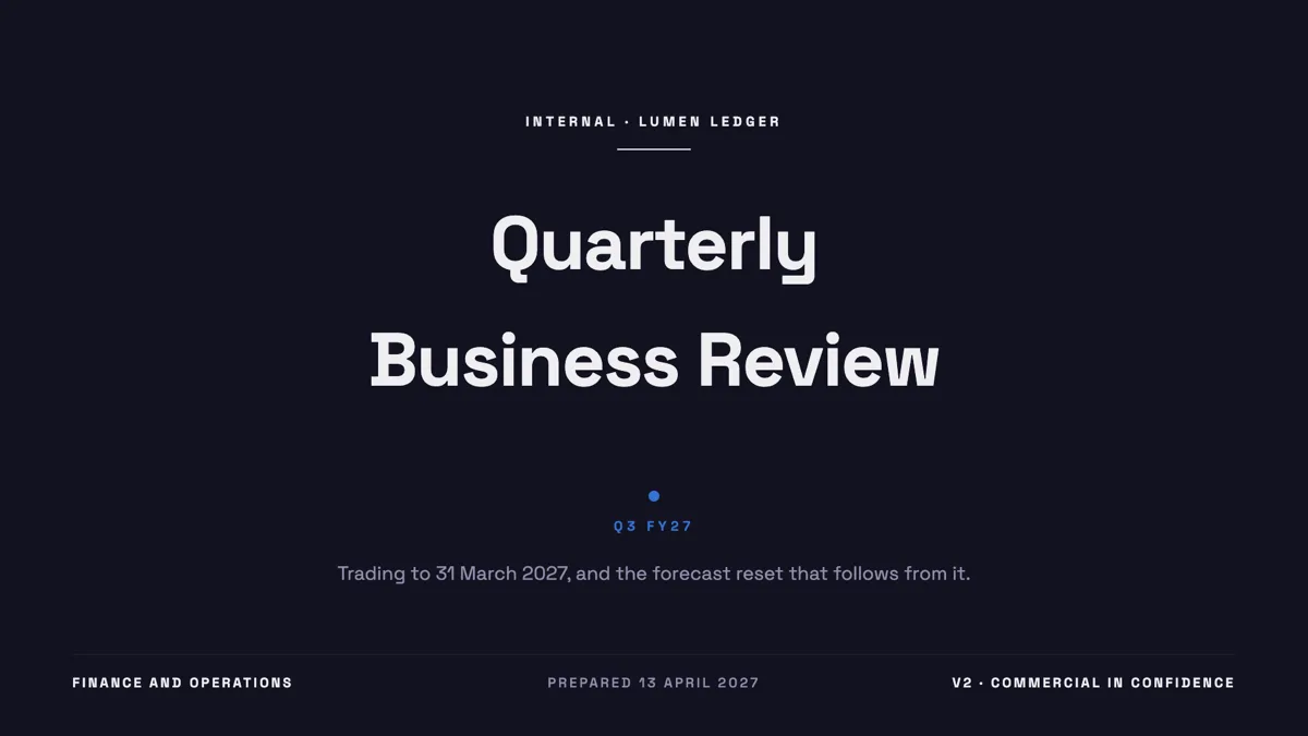 Quarterly review cover slide with the quarter as an accent word example