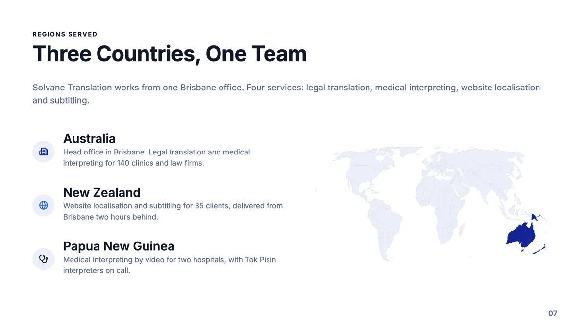 Regional map slide with three countries and what happens in each example