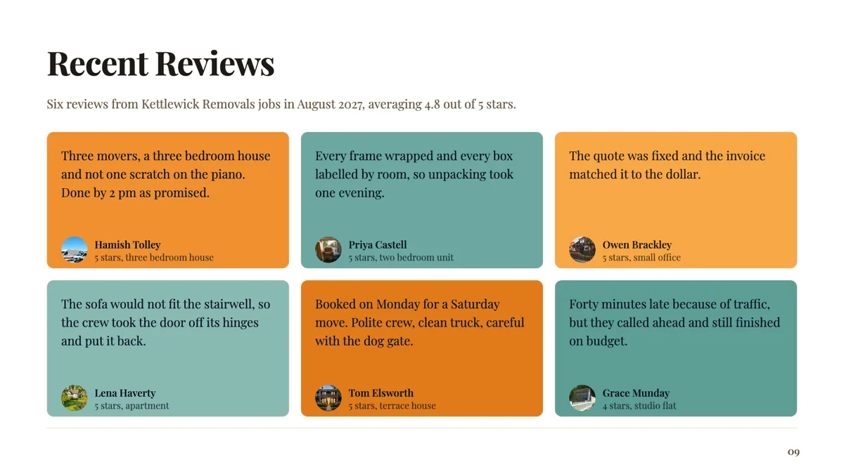 Reviews slide with six short reviews and their stars example