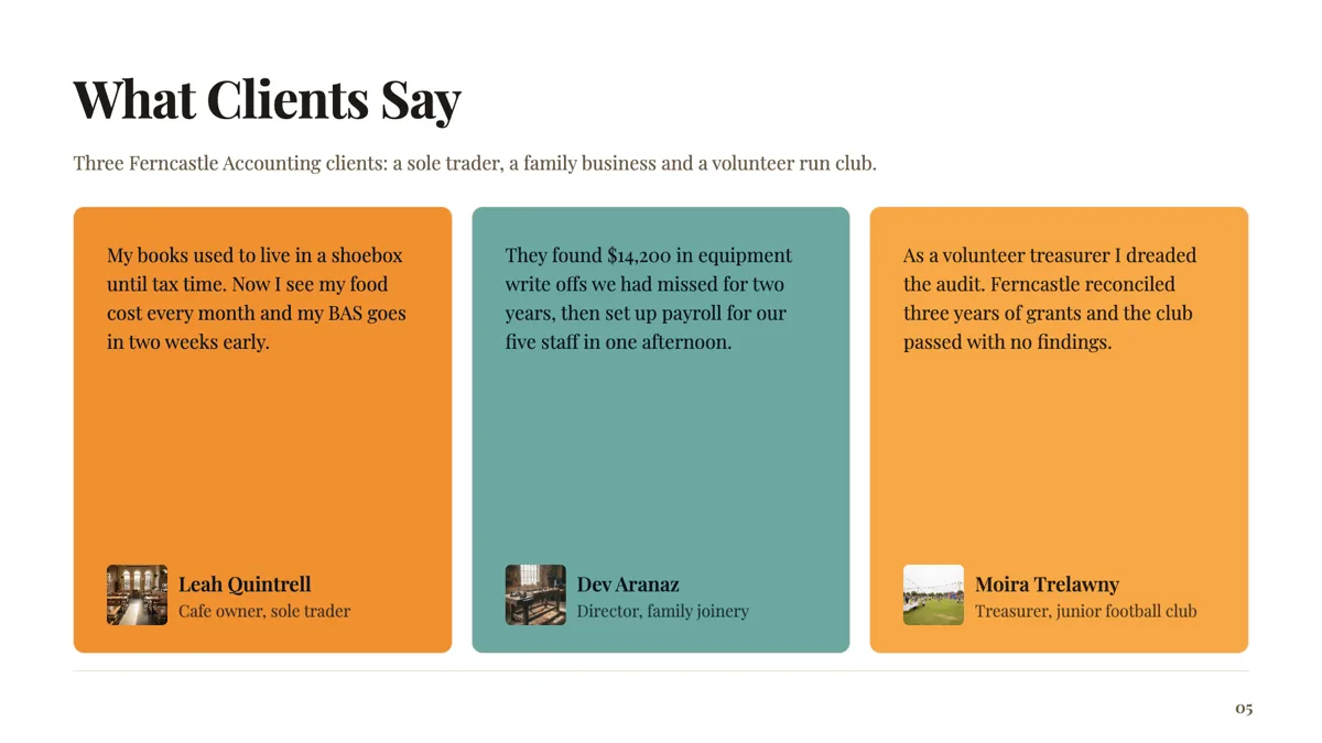 Three testimonials slide from three kinds of client example