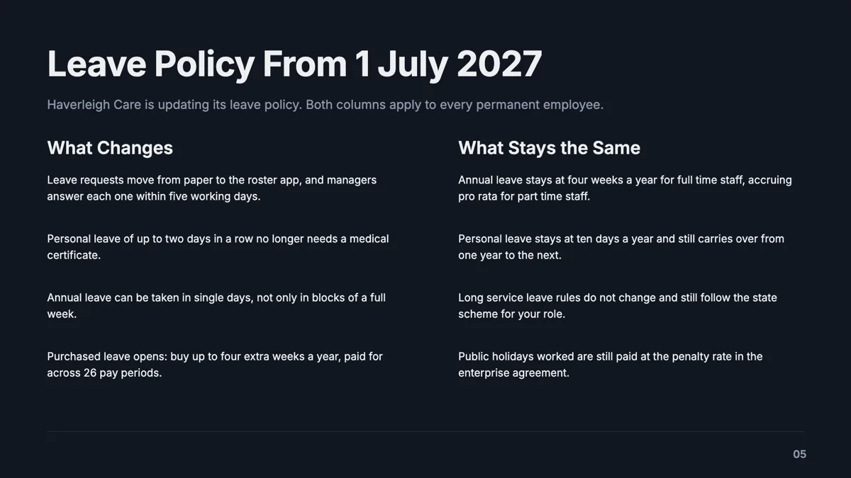 Two column text slide that explains a policy change example
