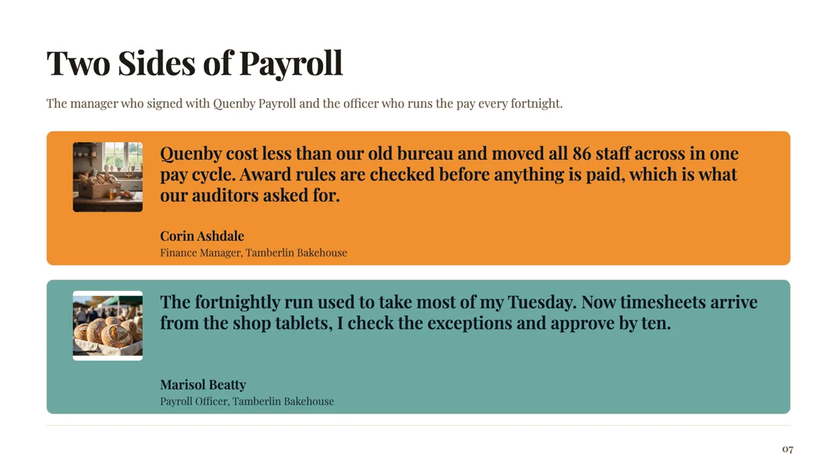 Two testimonials slide from the buyer and the daily user example