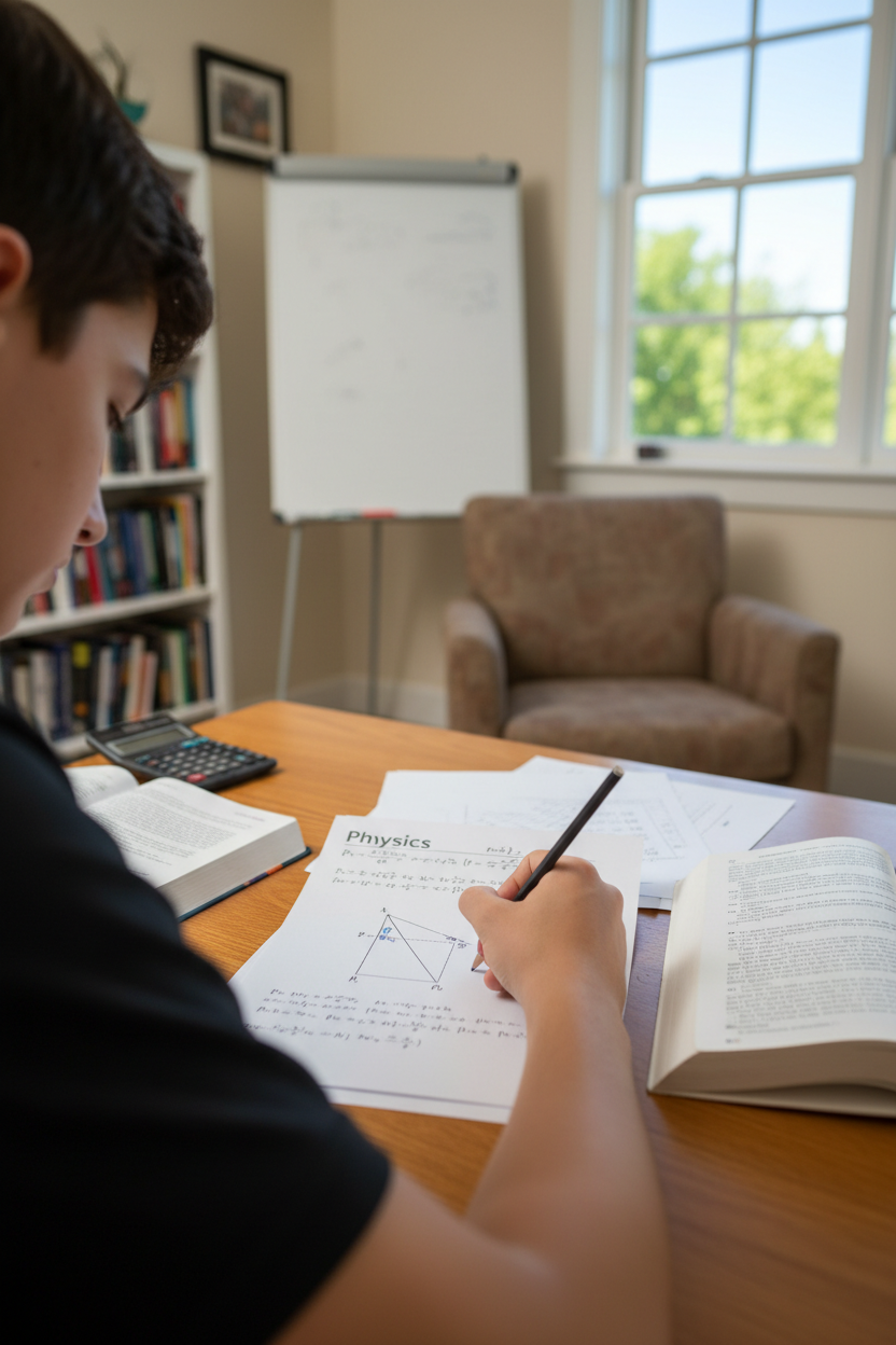 Photograph of a bright tutoring room with a student at a desk working through a physics problem on paper, over the shoulder view, no recognisable face, natural window light, tidy and calm, no text, no logos