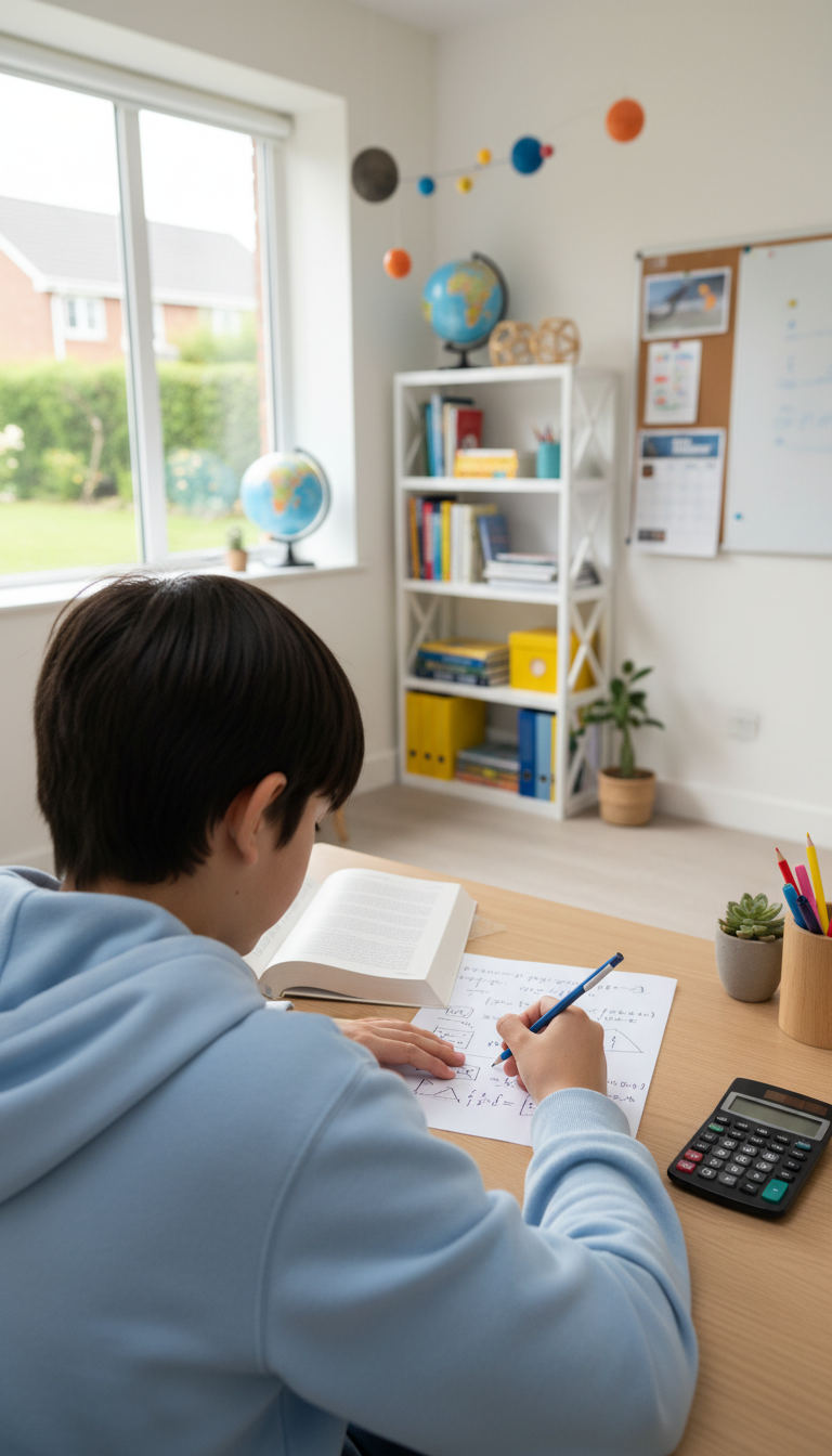 Photograph of a bright tutoring room with a student at a desk working through a physics problem on paper, over the shoulder view, no recognisable face, natural window light, tidy and calm, no text, no logos