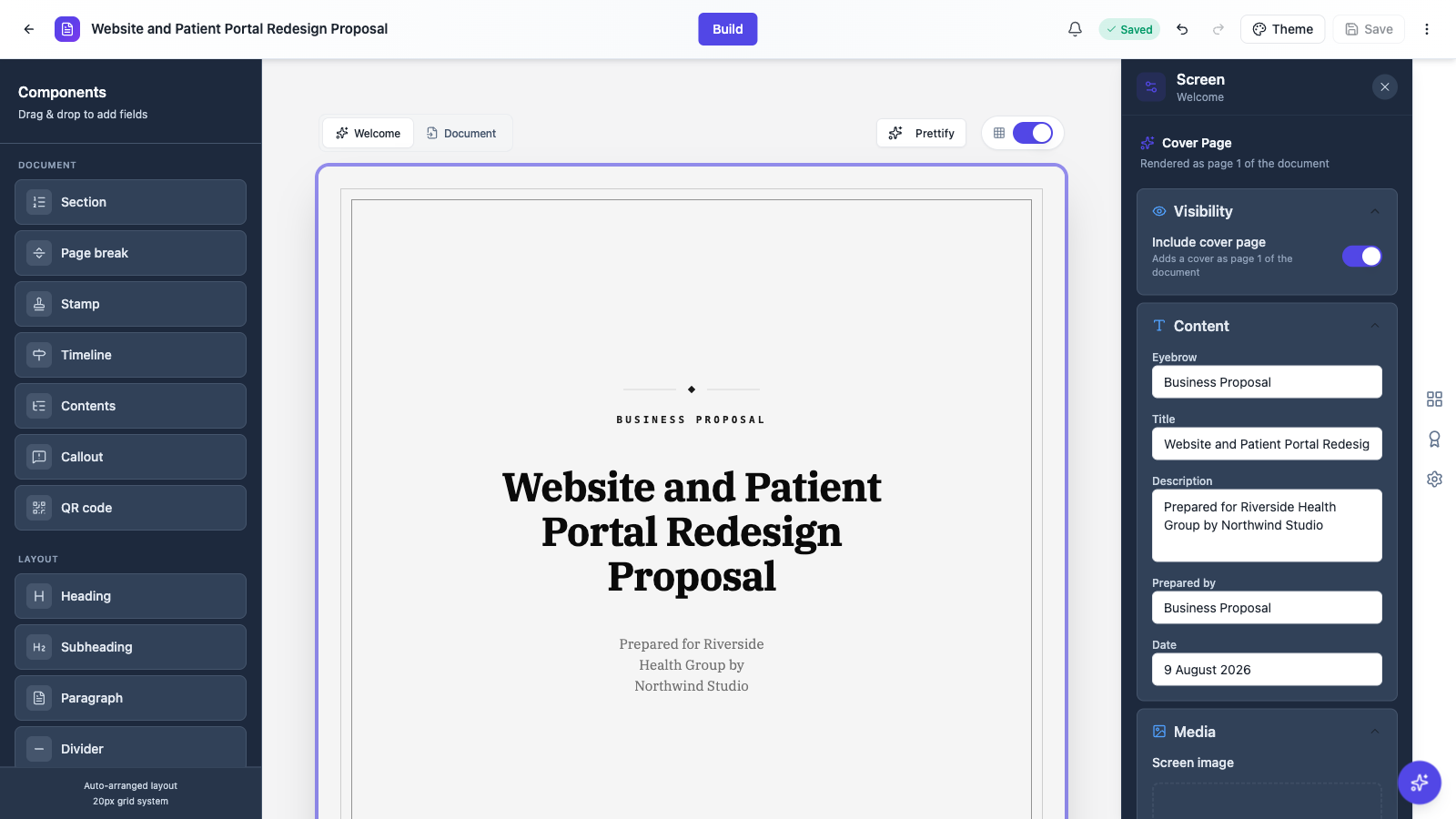 The Welcome and Document tabs above the page with the cover showing.