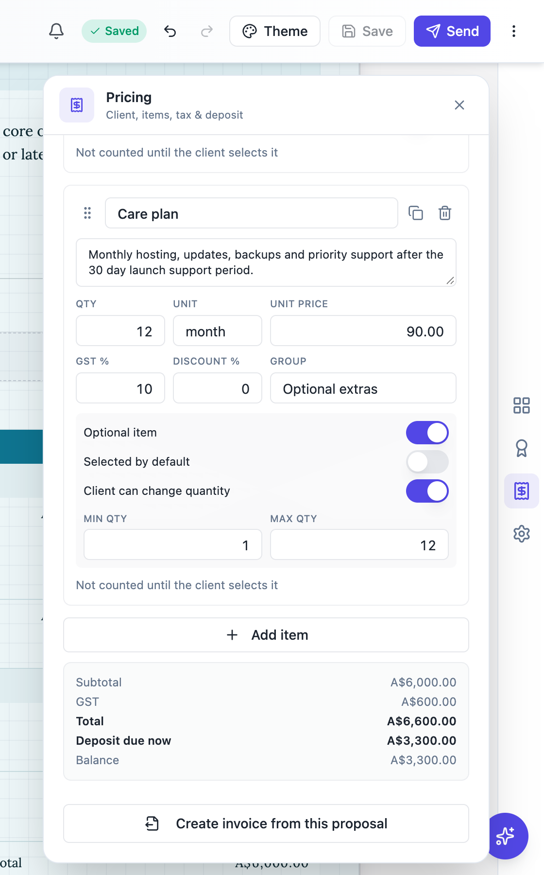 The care plan item with Client can change quantity on, a minimum of 1 and a maximum of 12, and the live totals below.