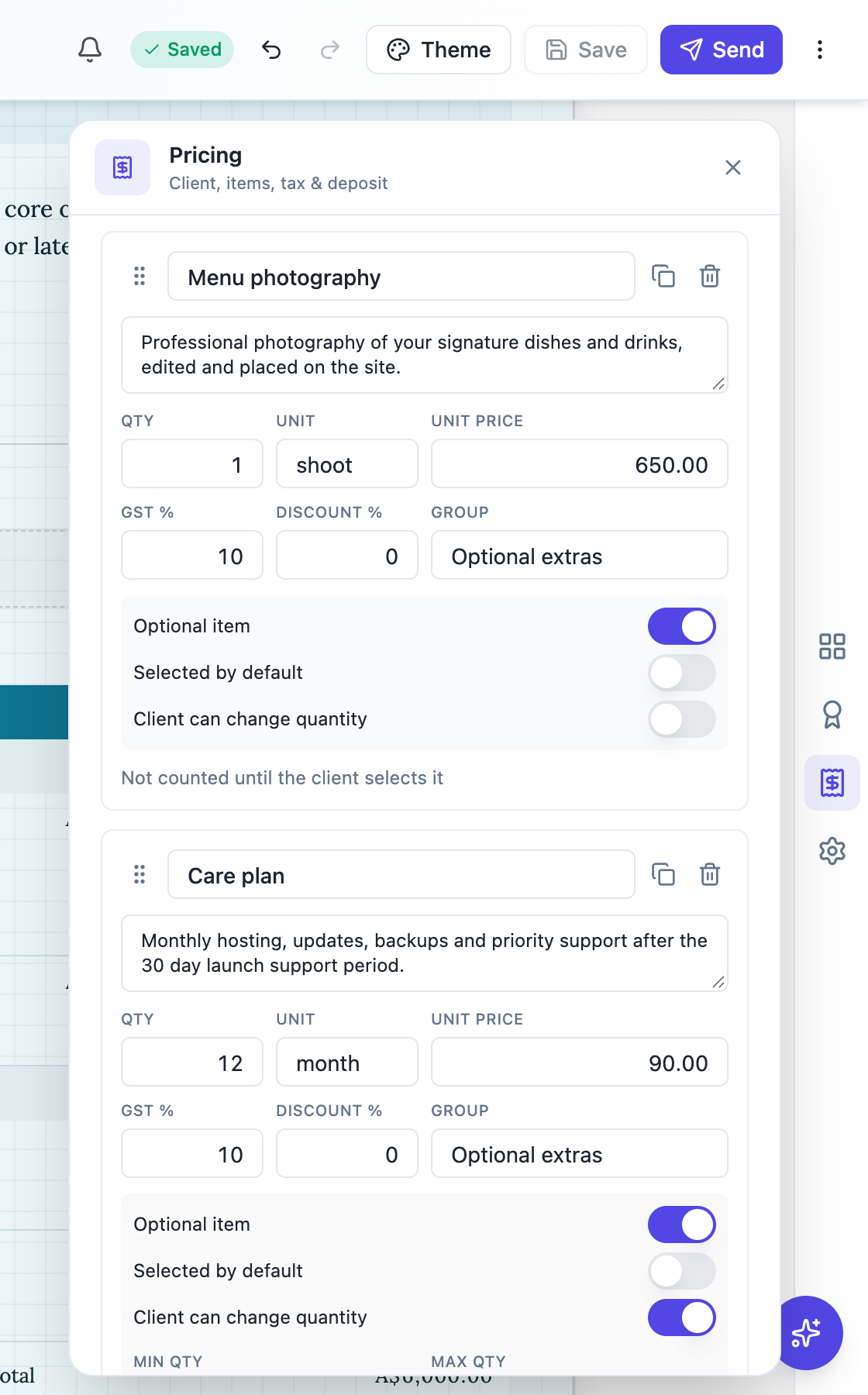 An optional item in the Pricing panel with Optional item on and Selected by default off.