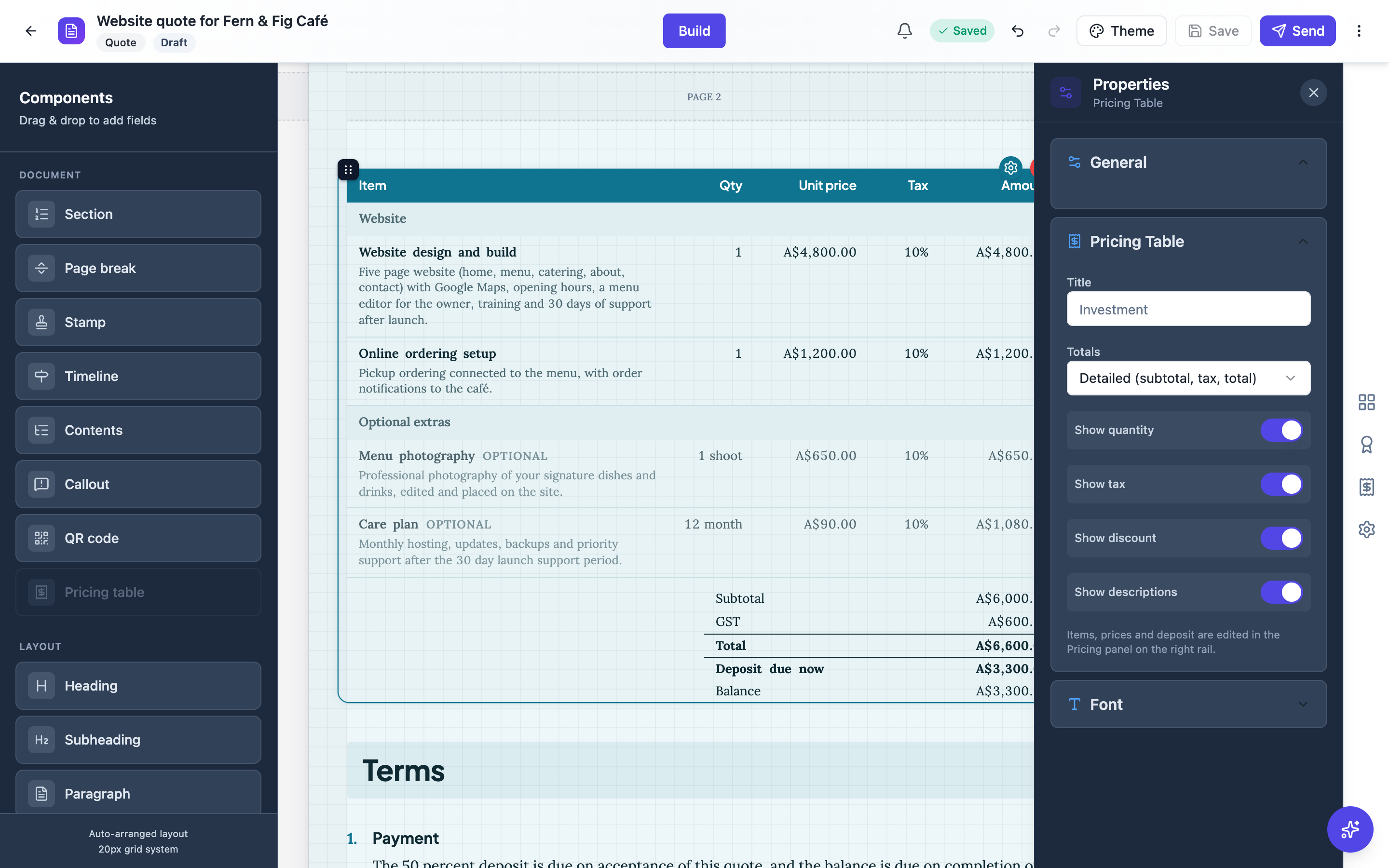 The Pricing Table settings beside the selected table, with the title, totals style and four column switches.