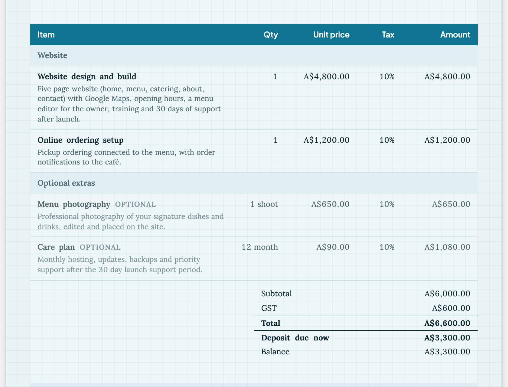 The pricing table on the quote, with two core items, two optional extras and the totals.