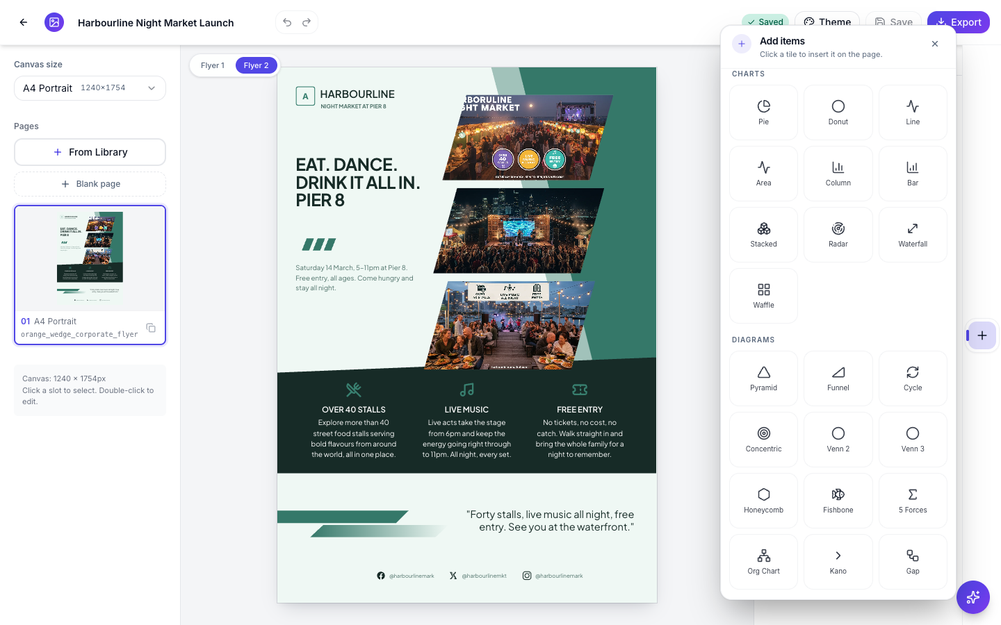 The Add items panel scrolled to the Charts and Diagrams sections.
