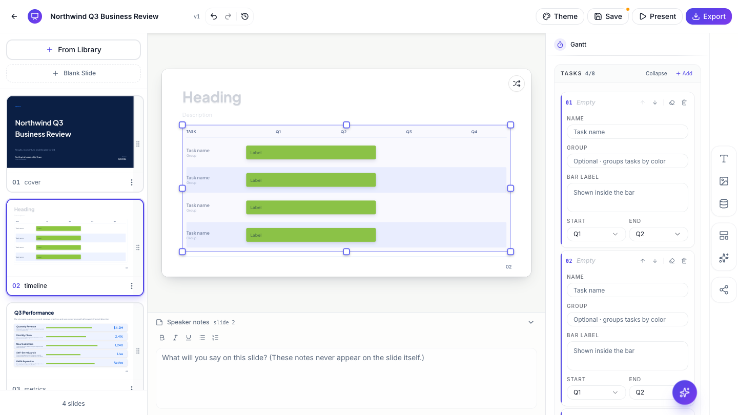 A Gantt timeline slide with grouped tasks.