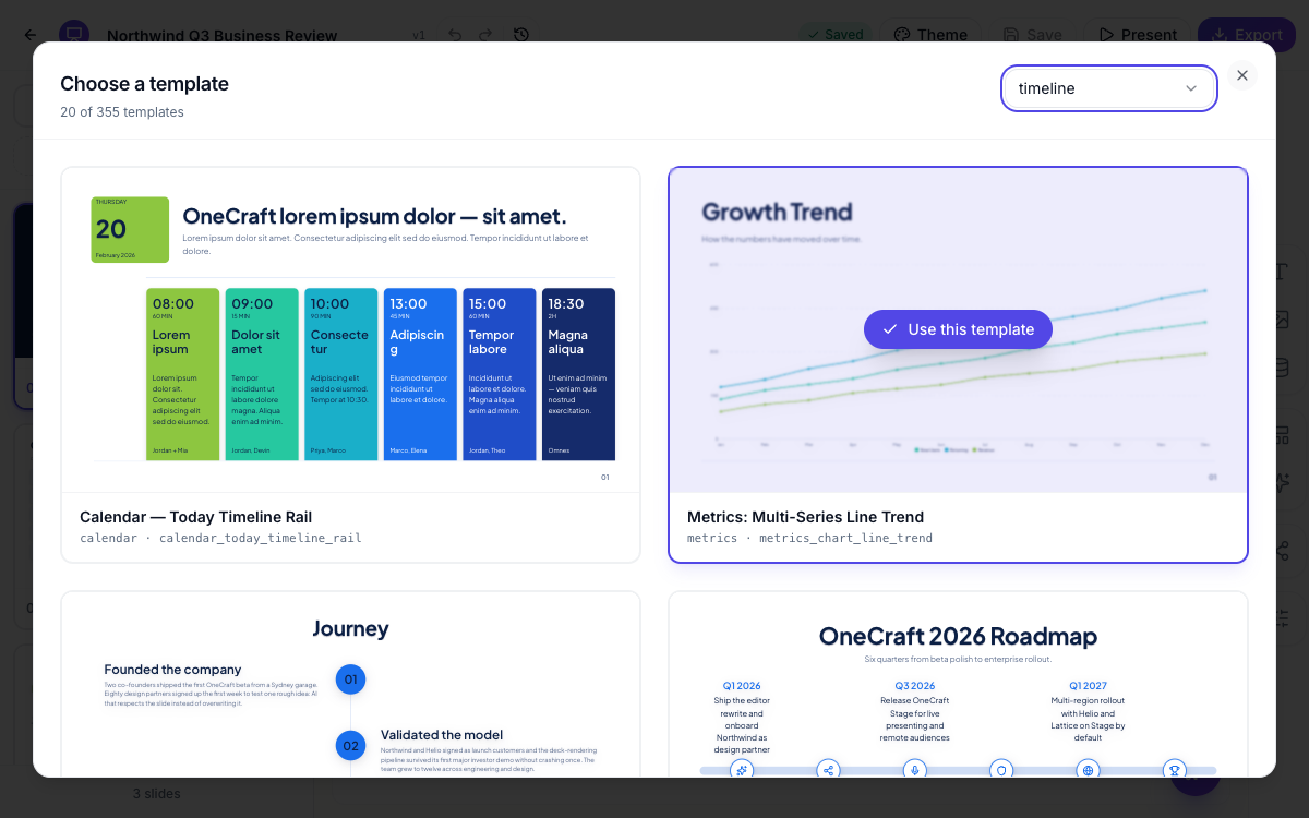 The template library filtered to slide roles built around data.