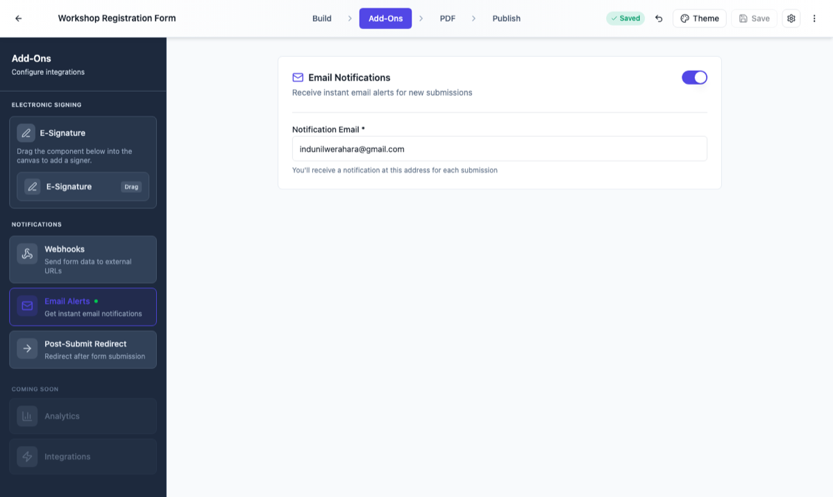 The form builder Add-Ons panel with the E-Signature component.