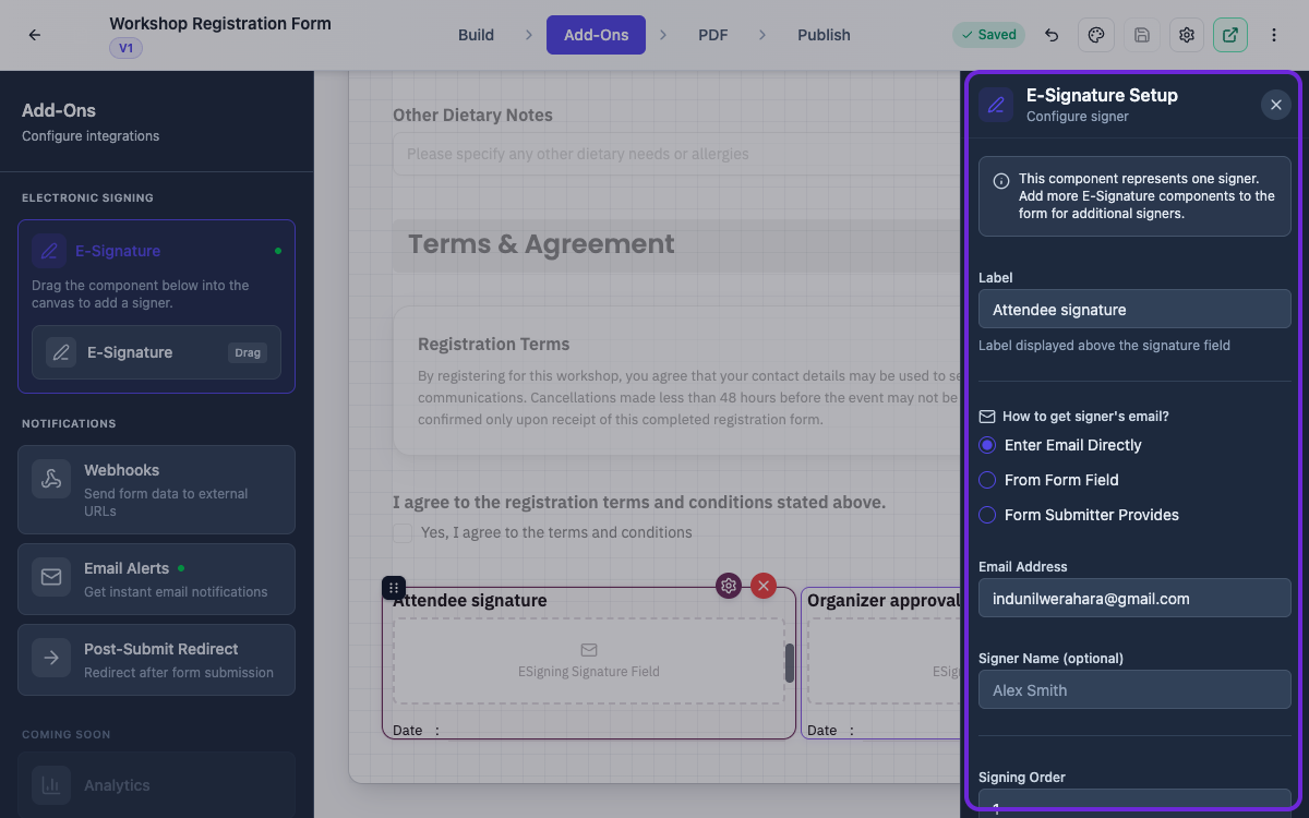 The E-Signature Setup panel with label, email options and signer details.