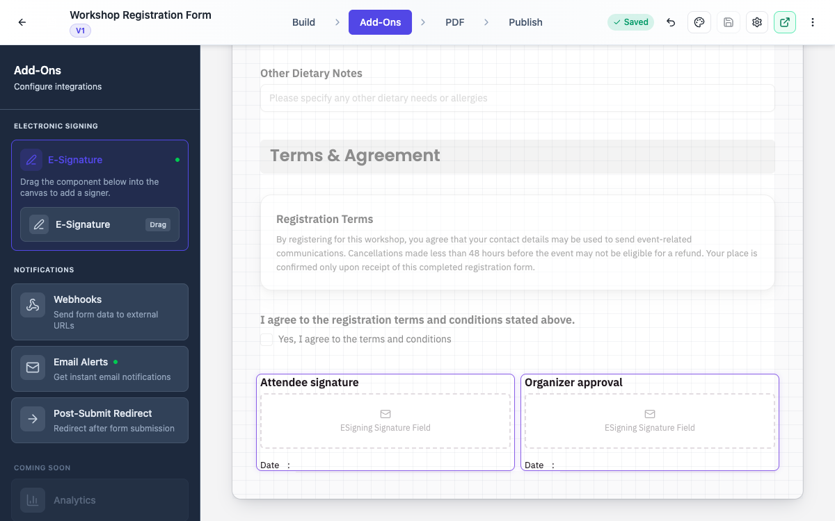 The form canvas with two labelled signature fields side by side.