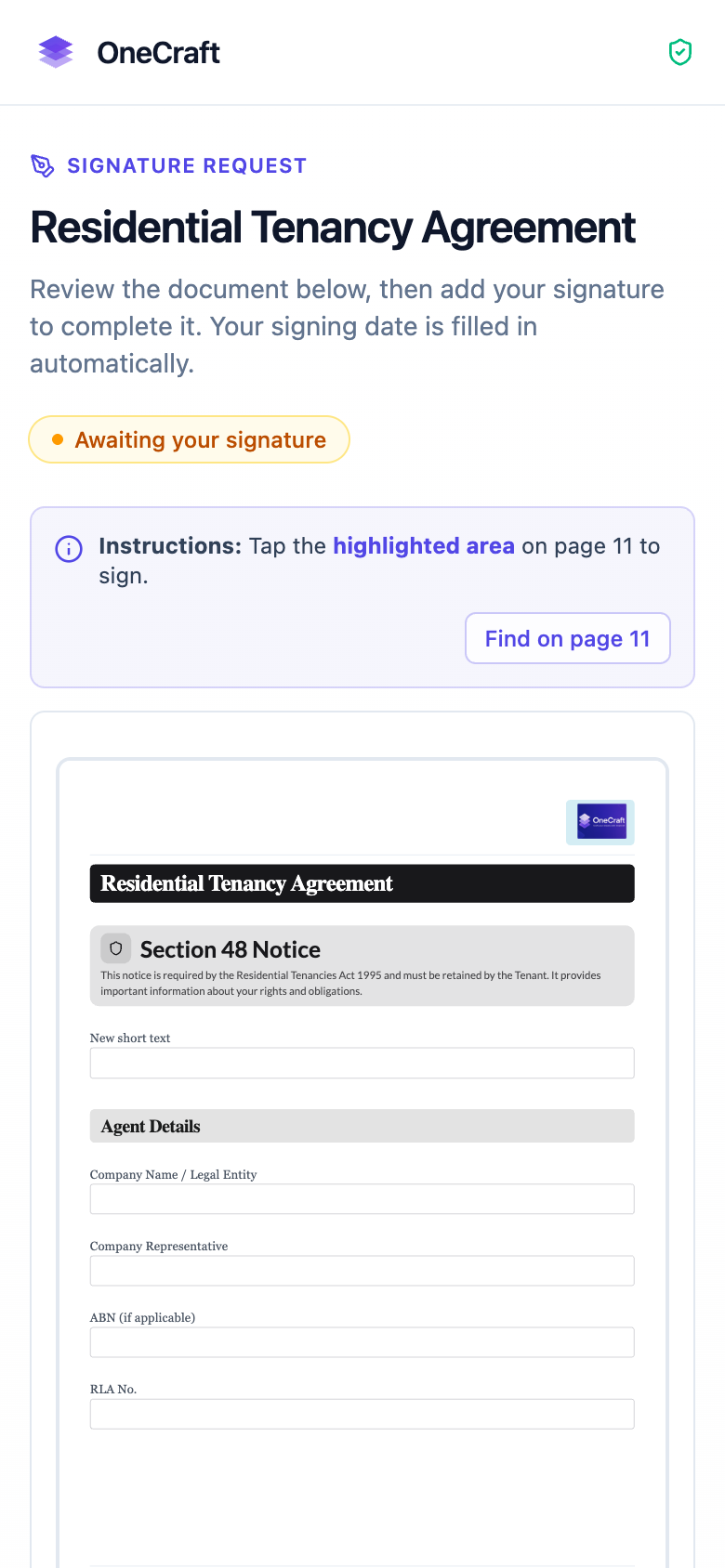 The signing page on a mobile screen.