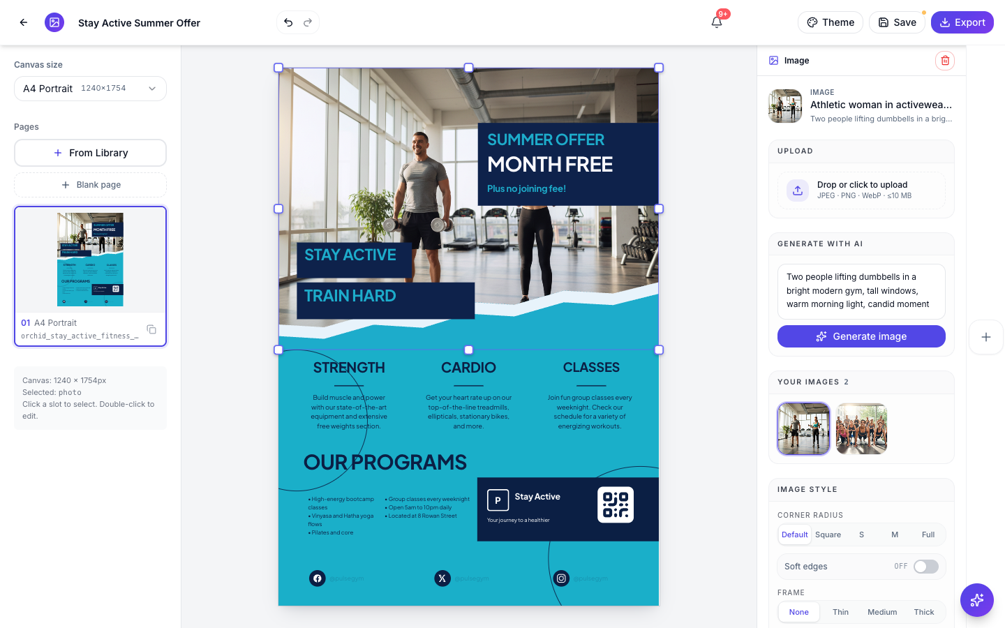 The flyer after generating a new hero image, with both images kept under Your images.