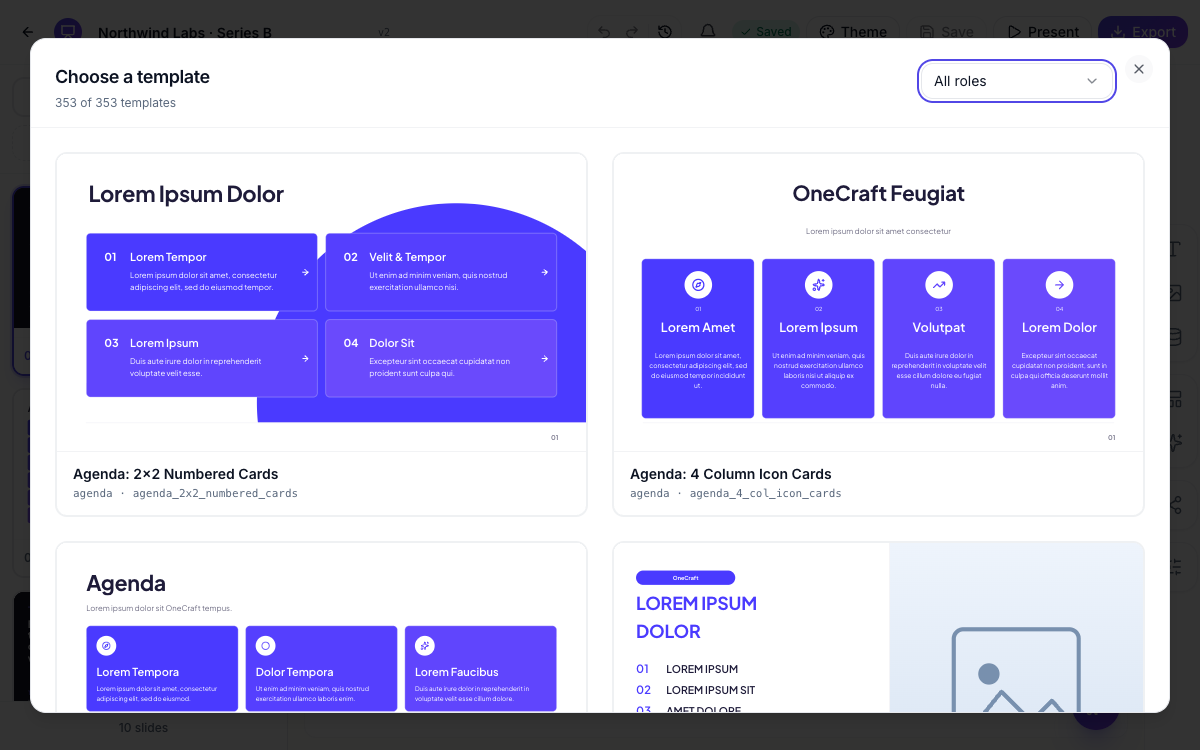 The Choose a template dialog with the role filter open and live slide previews.