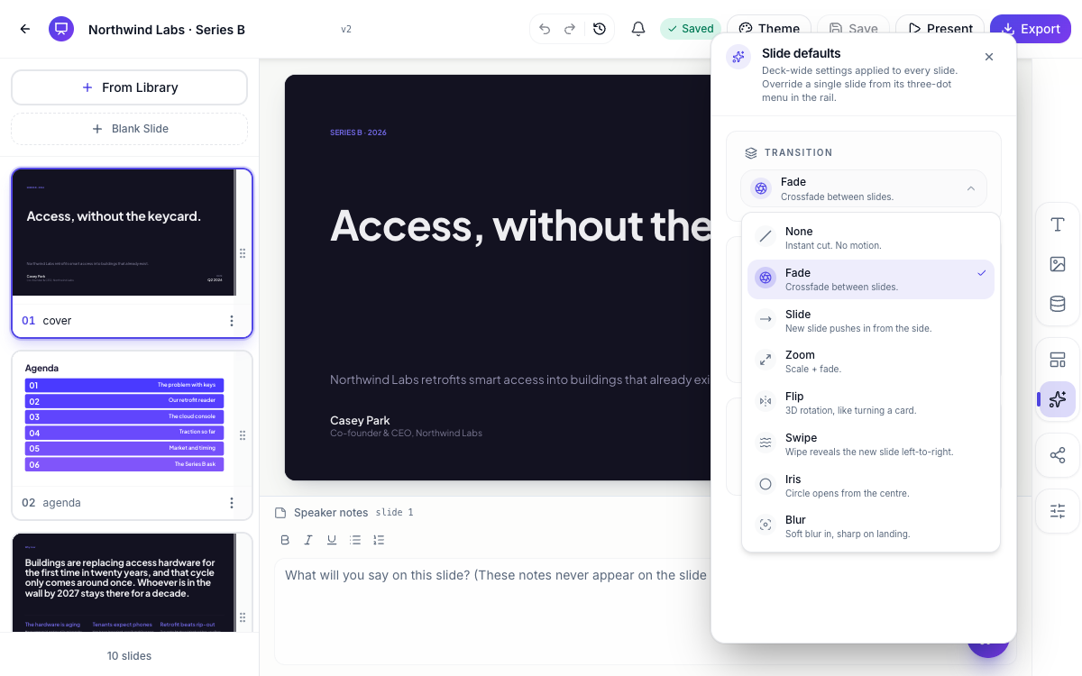 The Slide defaults panel with the transition dropdown open.