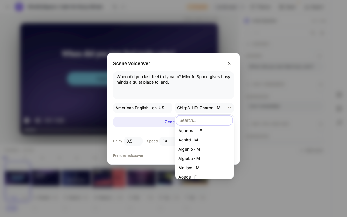 The voice picker open with a list of voices for the chosen language.