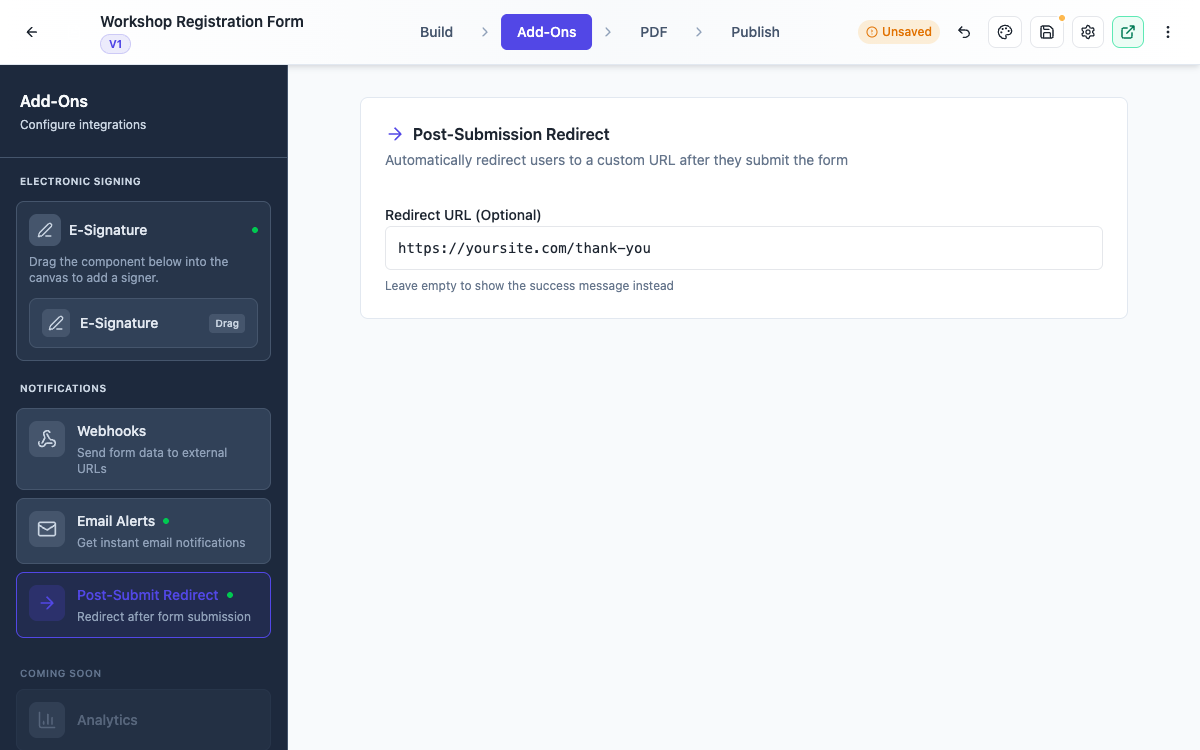 The post-submission redirect settings with a custom URL.