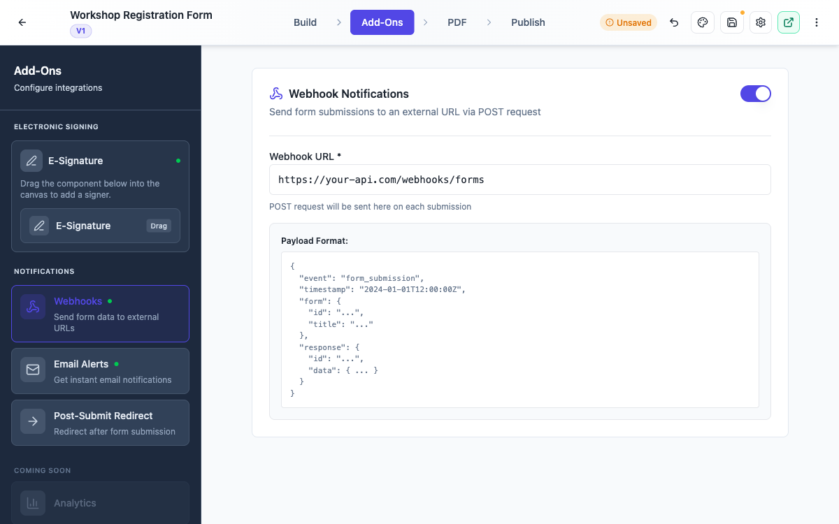 The webhook settings with a URL filled in and the payload format shown.