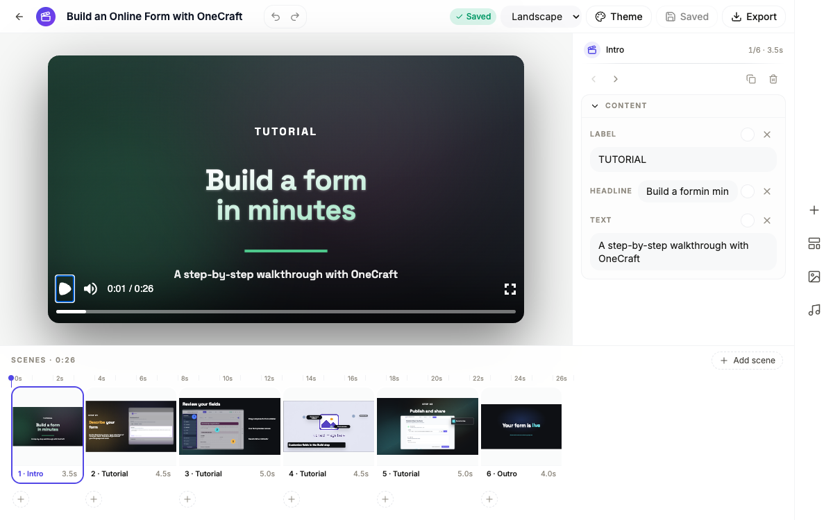 The video builder with the finished walkthrough on the timeline.