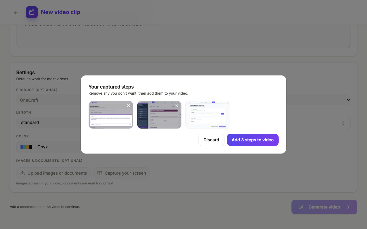 The captured steps shown in a review grid, each with a remove button.