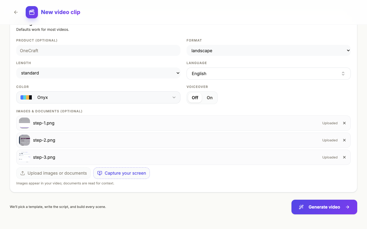 The generator settings with three captured steps uploaded and ready.