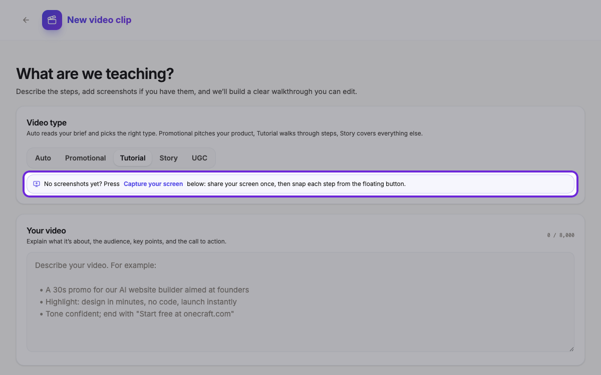 The video generator with the Tutorial type picked and the screen capture line highlighted.