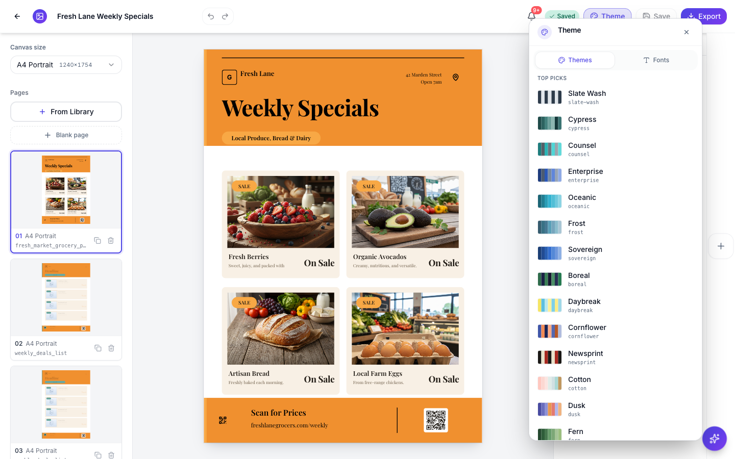 The same flyer after switching to the Terracotta theme, now orange instead of green.