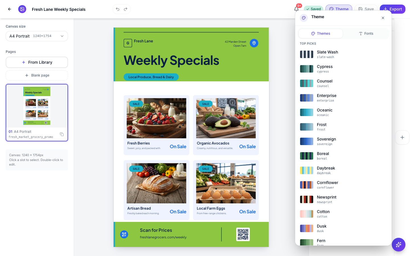 The Theme panel open on the Themes tab, showing colour strips beside each theme name.