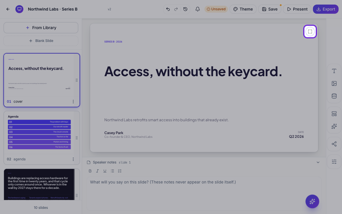 The colour mode button on the slide corner, with the same slide shown in dark mode.