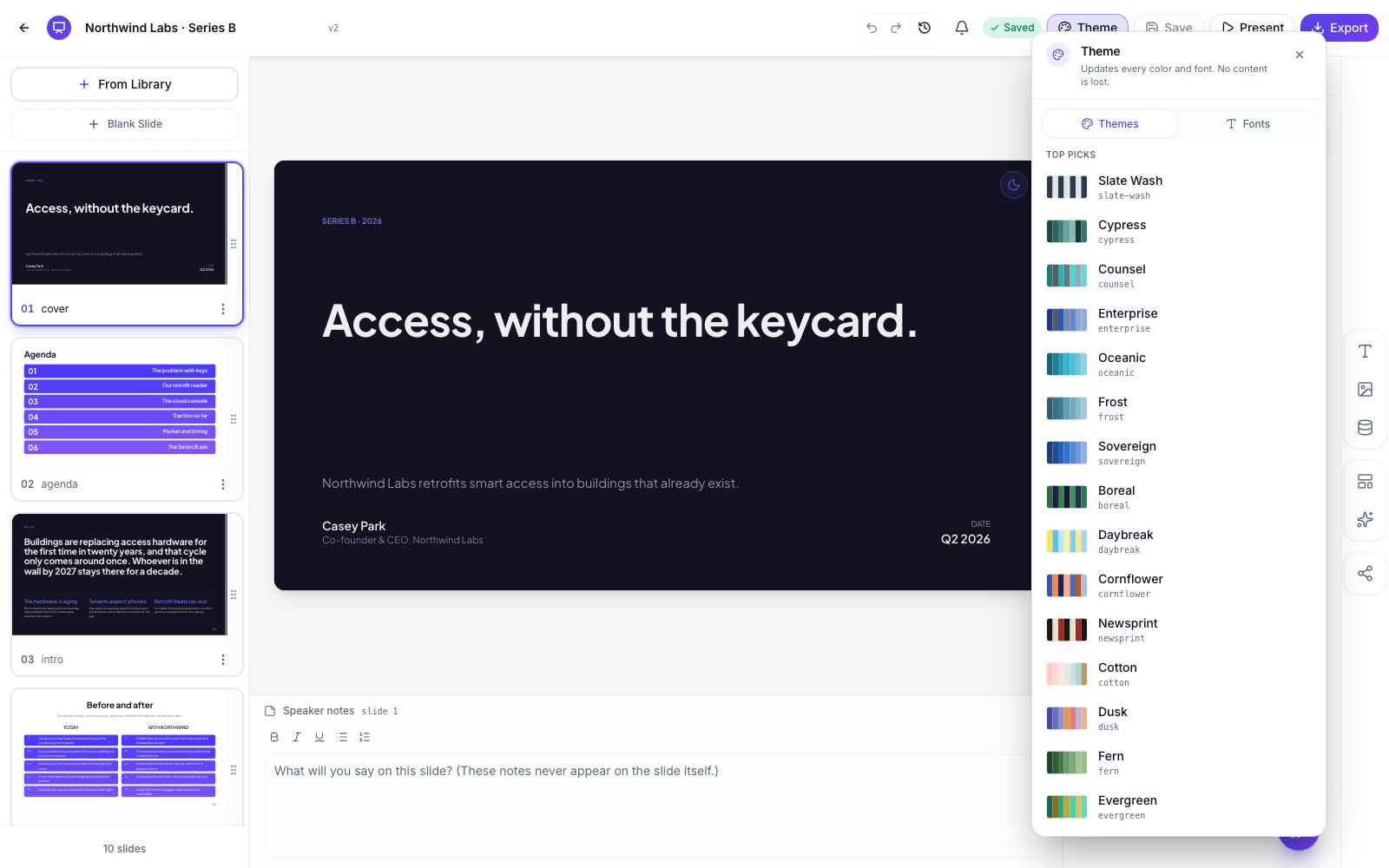 The slides builder with the Theme panel open on the right, showing the themes list.