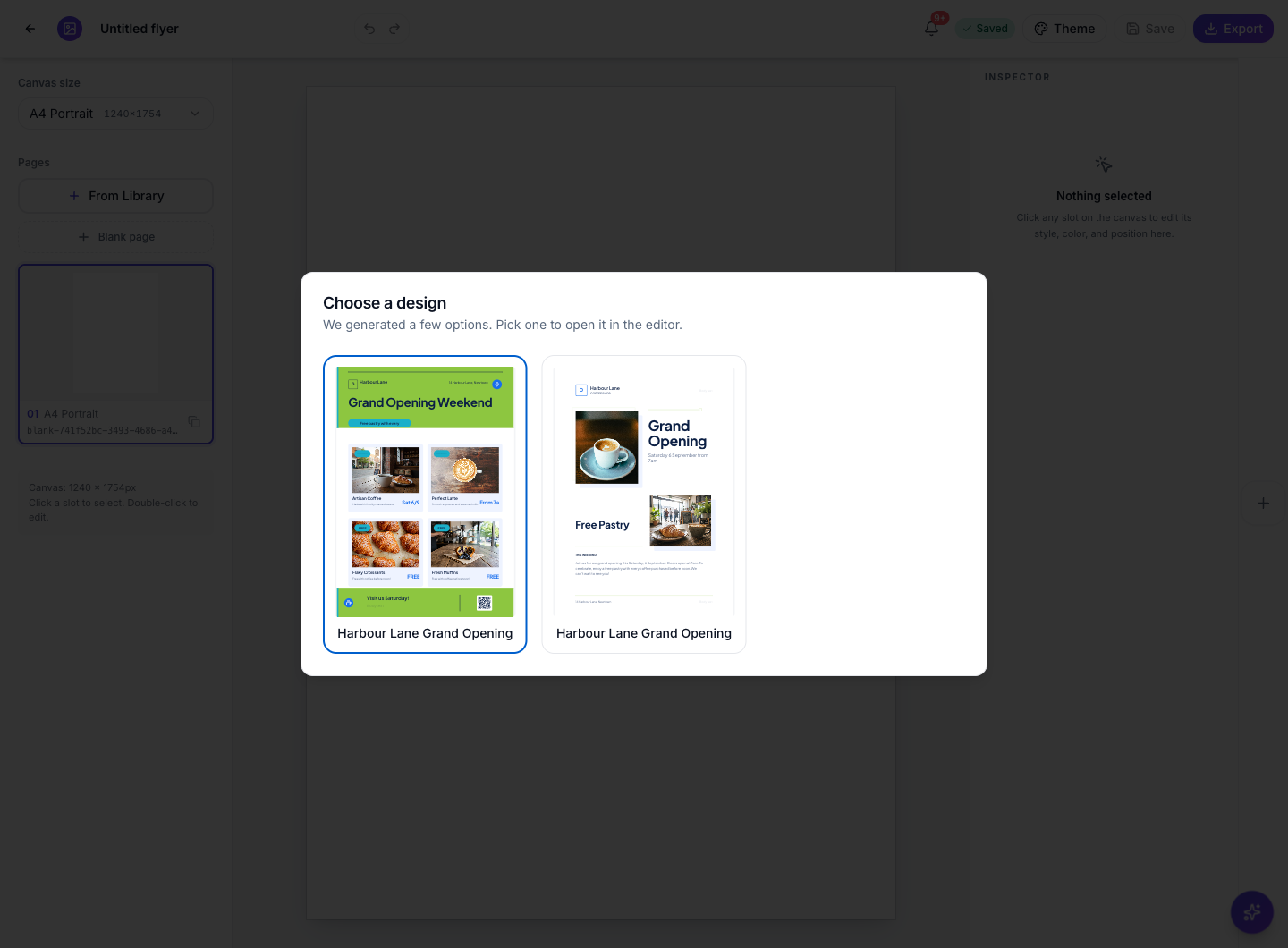The Choose a design dialog with two finished flyer options.