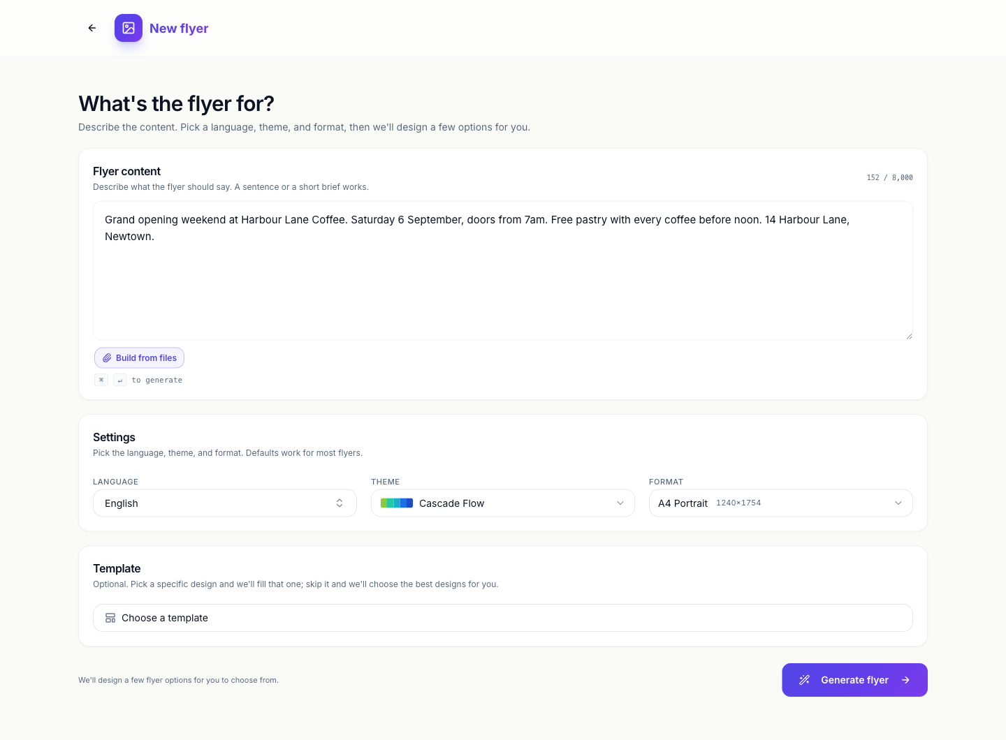 The flyer generator with a brief typed in, the Settings row and the Template section.