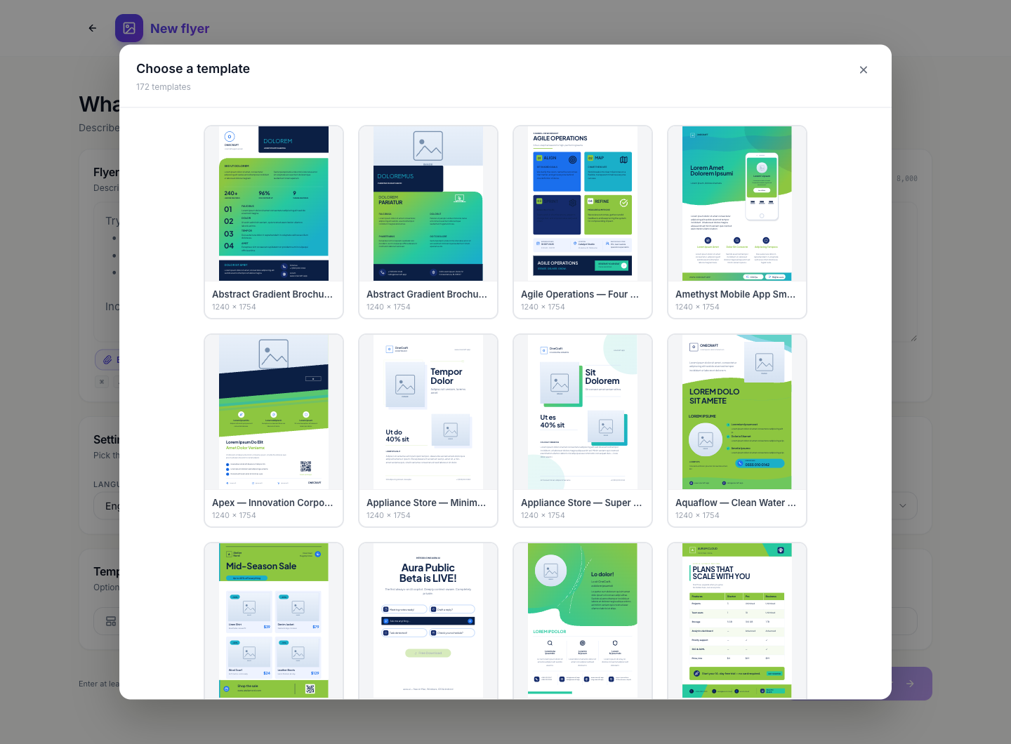 The Choose a template dialog with live previews of the flyer designs.