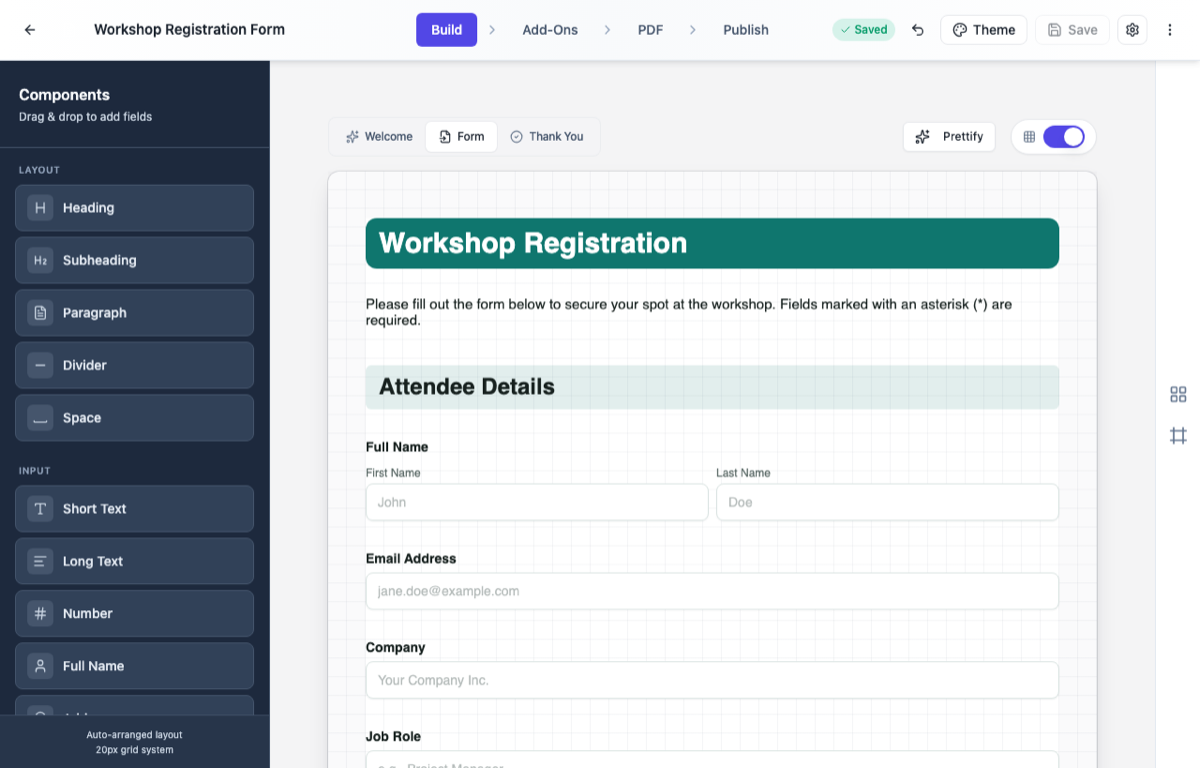 A classic form in the builder with all fields on one page.