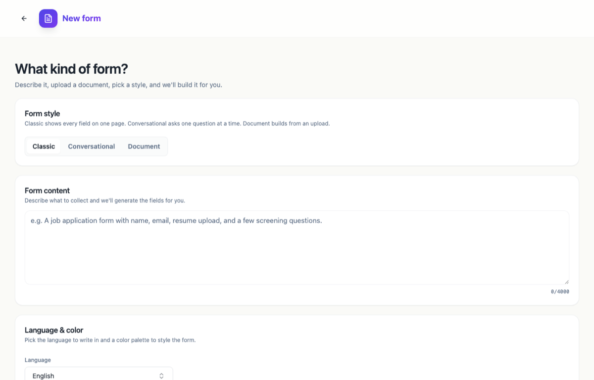 The form generator with Document mode to build from an upload.