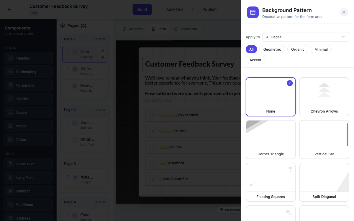 The background pattern picker with geometric and minimal options.