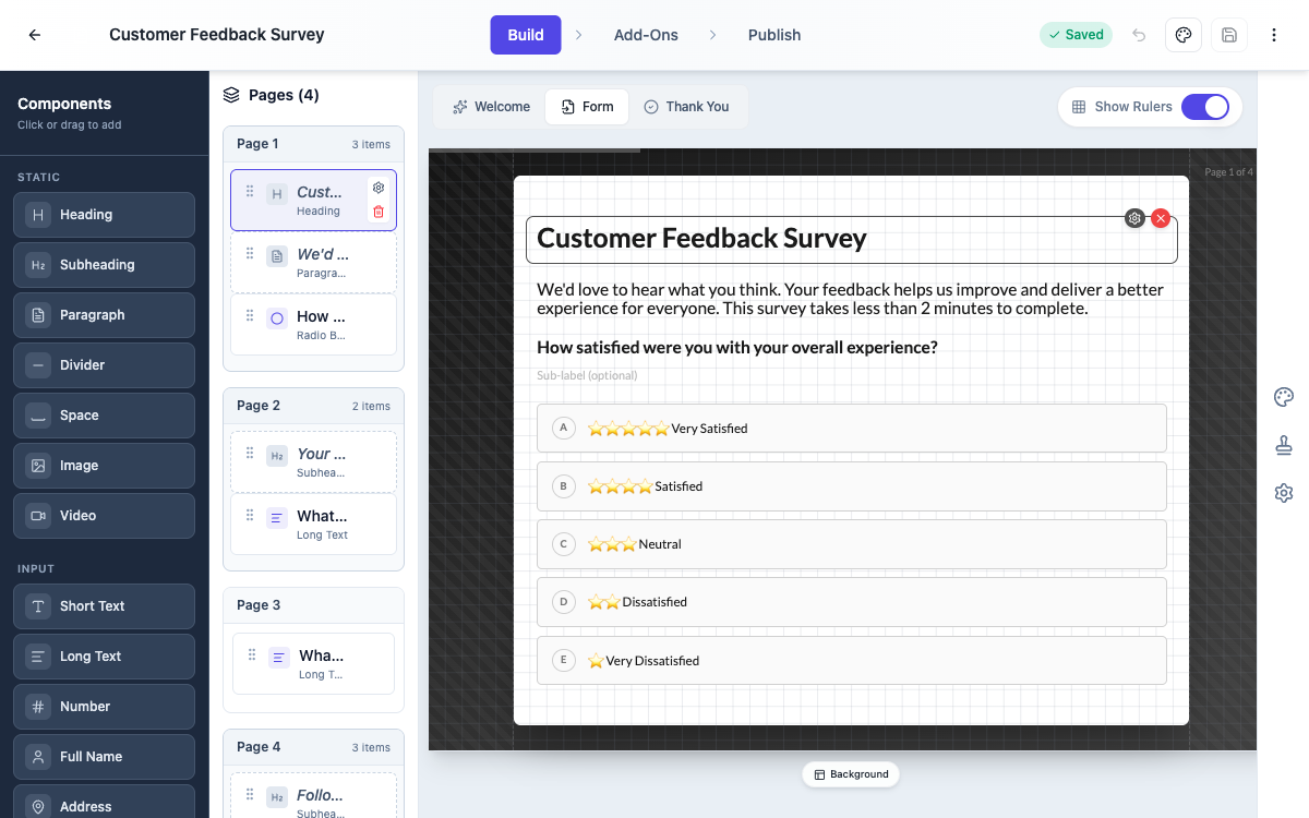 The conversational builder with pages on the left and a question on the canvas.