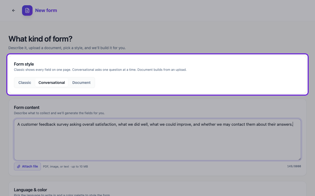The form generator with the Conversational style selected and a description typed in.