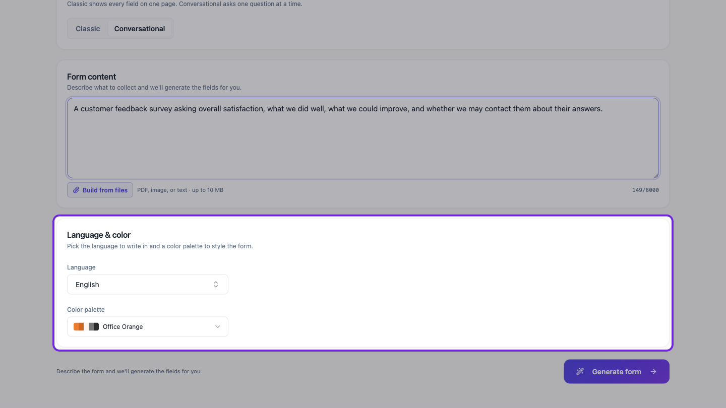 The generator with the language selector and colour palette below the description.