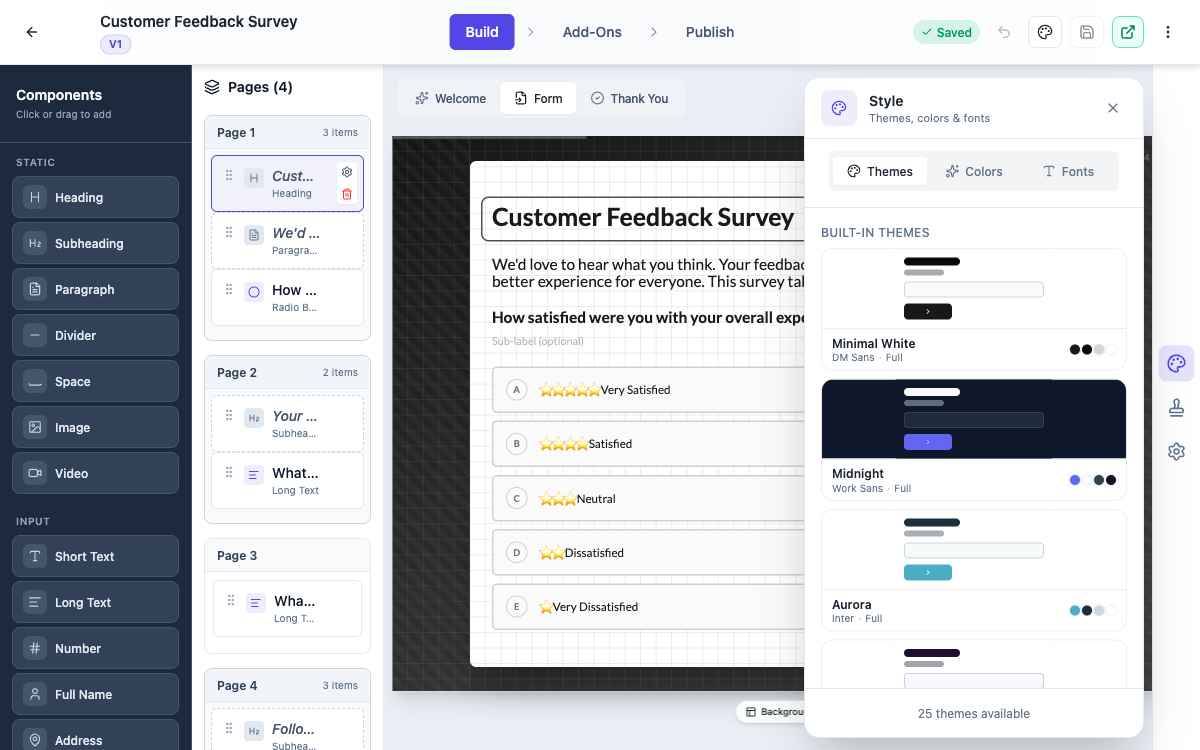 The Style panel with built-in themes, colors and fonts.