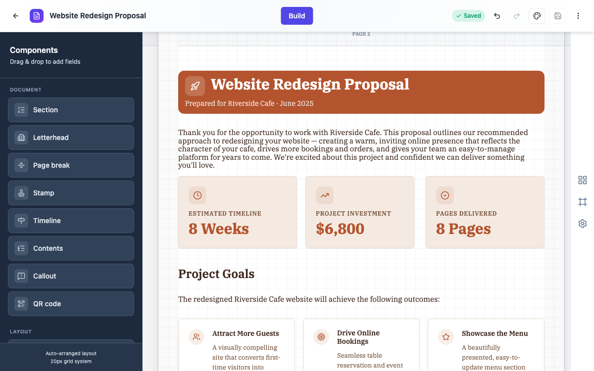 The document builder with a generated document and the component toolkit.