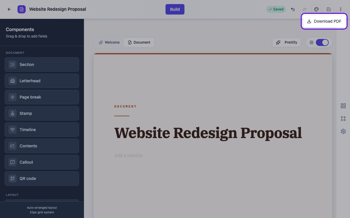 The builder menu open with Download PDF highlighted.