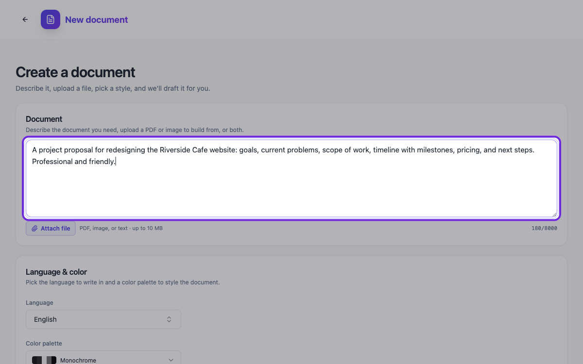The document generator with a description typed in and the attach button visible.