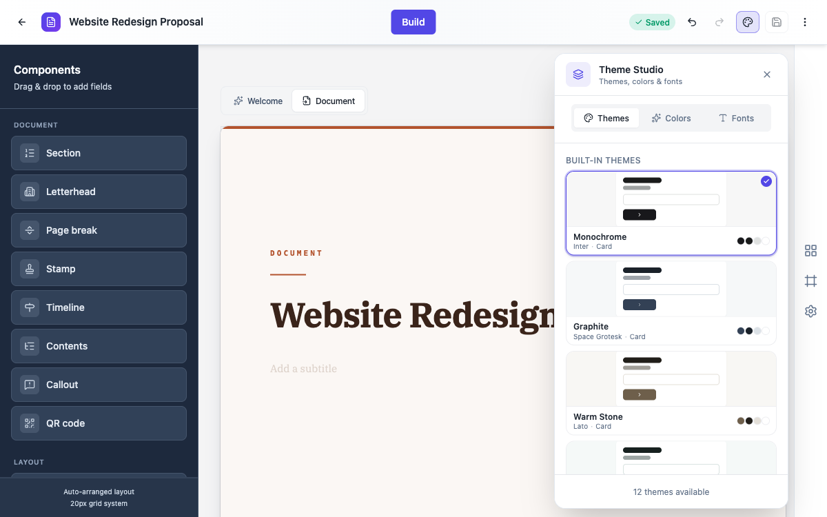 Theme Studio open with themes, colors and fonts tabs.